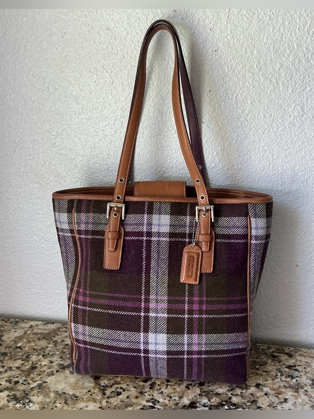 Coach Vintage Hampton Purple Plaid Tote with Leather Trim